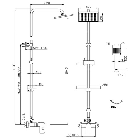 ALGEO SQUARE zestaw natryskowy NP74 z baterią BAQ7U