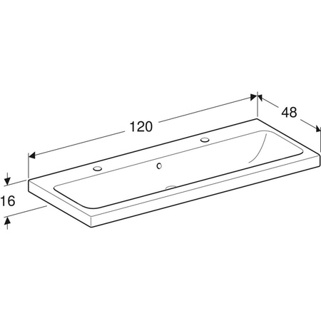Umywalka GEBERIT iCon Light 2-stanowiskowa prostokątna, biała, 1200mm, otwór na baterię z lewej i prawy, z odpływem przelewowym, półka od ściany