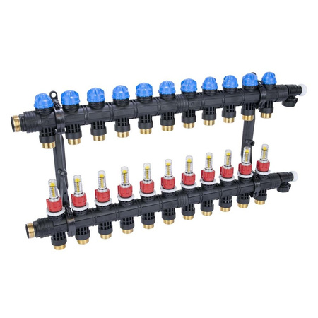 Rozdzielacz do ogrzewania podłogowego AFRISO ProCalida EF1 K 11-obieg. poliamid GZ 1" x Eurocono 3/4" + przepływomierz + zawór napełn/spust