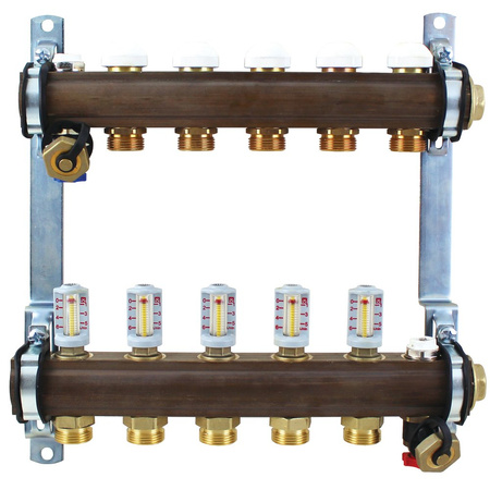 Rozdzielacz do ogrzewania podłogowego HERZ 6-obieg. GW 1'' x GZ 3/4'' + przepływomierz + zawór napełn/spust + odpowietrznik