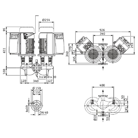 Pompa obiegowa WILO CronoTwin-DL-E 40/170-5,5/2 IE4 typu in-line z silnikiem znormalizowanym 50/60 Hz, moc silnika 5.5kW 10.7 A 2900 obr/min, wlot Kołnierz DN 40