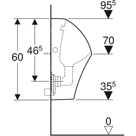 Pisuar Geberit Narva, dopływ z tyłu, odpływ do tyłu lub w dół: T=30cm, Odpływ=Do tyłu, Dopływ=Z tyłu, Biały