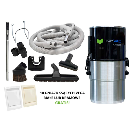 Jednostka centralna TopVac CHINOOK z zestawem do sprzątania z wężem PREMIUM z włącznikiem on/off o dł. 9,1 m i gniazdami VEGA do wyboru