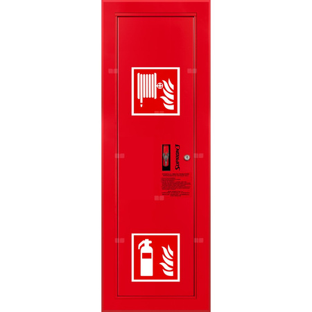 Hydrant DN 25 wnękowy boczny z miejscem na gaśnicę, wąż 30 m, zamek patent, RAL 3000 lewy