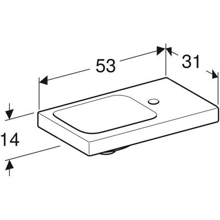 Umywalka GEBERIT iCon Light prostokątna, biała, 530mm, otwór na baterię z prawej, bez odpływu przelewowego, półka z prawej
