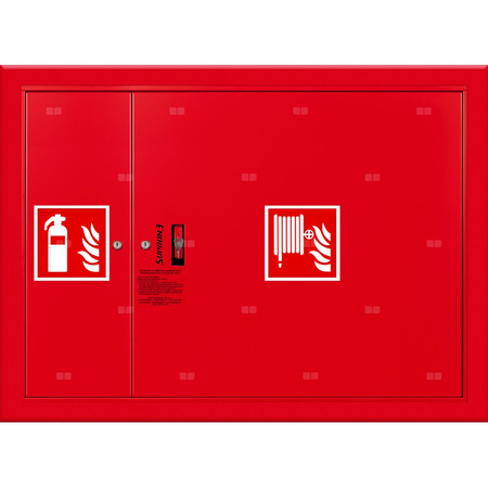 Hydrant DN 52 wnękowy z miejscem na gaśnicę obok kosza, wąż 20 m, zamek patent, RAL 3000