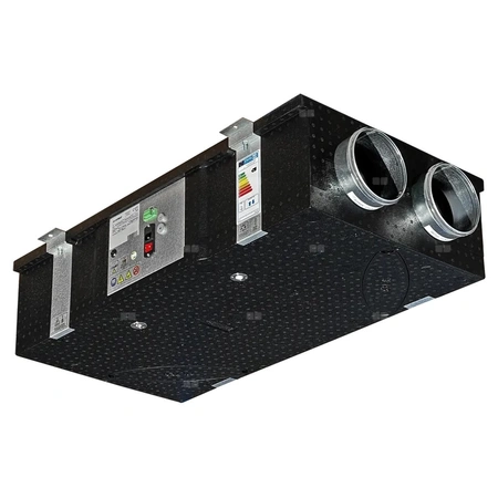 Rekuperator BREVA 200 płaski z by-passem, obudowa EPP wzmacniana metalowym stelażem, do podwieszenia pod sufitem lub lokalizacji na podłodze, wyposażony w sterownik EVO LT