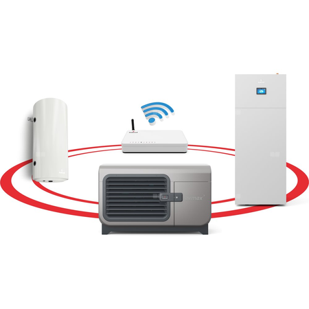 Hybrydowy system grzewczy: pompa ciepła 1F R290 Airmax3 7GT (2-9 kW) + szafa hydrauliczna Onebox z wymiennikiem c.w.u. do pomp ciepła Tower Grand 190 z kompletem elektrycznym 2kW + bufor 100 + centrala Smart Home Sinum