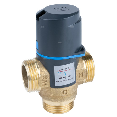 Zawór regulacyjny termostatyczny do wody ciepłej AFRISO ATM 361 ze śrubunkami mosiądz GZ 1'', DN 20, zakres temp. 20-43'C, Kvs 1.6 m3/h, maksymalna temperatura 90'C, maksymane ciśnienie 10 bar