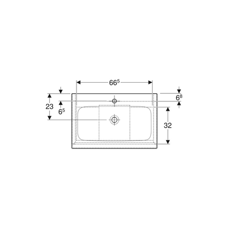 Umywalka GEBERIT iCon prostokątna, biała, 750mm, otwór na baterię na środku, nakładany od góry, bez odpływu przelewowego, półka od ściany