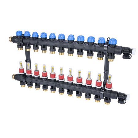 Rozdzielacz do ogrzewania podłogowego AFRISO ProCalida EF1 K 11-obieg. poliamid GZ 1" x Eurocono 3/4" + przepływomierz + zawór napełn/spust