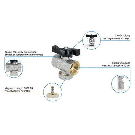 Zawór kulowy z filtrem siatkowym i magnesem BFV, GW G3/4''