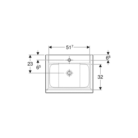 Umywalka GEBERIT iCon prostokątna, biała, 750mm, otwór na baterię na środku, nakładany od góry, bez odpływu przelewowego, półka od ściany
