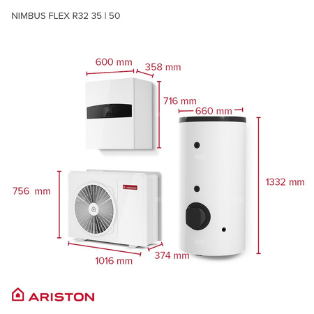 Pakiet - Pompa ciepła powietrze-woda split ARISTON NIMBUS FLEX S NET R32 3.5 kW 230 V + Moduł naścienny SENSYS HD + Zasobnik c.w.u. 190 l + Moduł komunikacji internetowej (aplikacja Ariston Net)