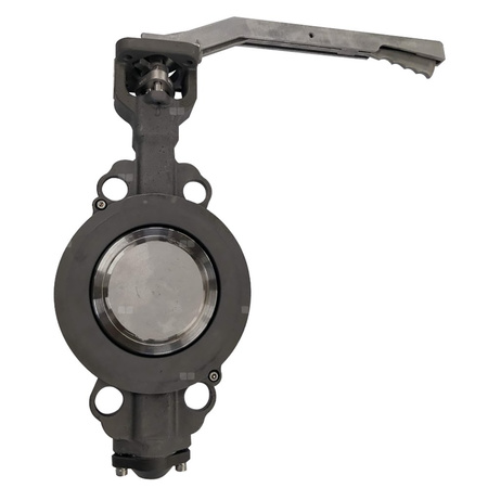 Przepustnica bezkołnierzowa EMARIS z dźwignią reczną, dysk: AISI316, wykładzina: PTFE +15% Grafit, korpus: stal WCB, Pnom 2,5 MPa, tmax=260 st.C DN 150