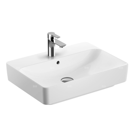 Umywalka GEBERIT Variform prostokątna, biała / KeraTect, 600mm, otwór na baterię na środku, stawiana na blat, z odpływem przelewowym, półka od ściany