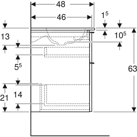 Zestaw umywalki meblowej Geberit iCon, slim rim, z szafką pod umywalkę, z dwoma szufladami i odpływowo-przelewowym do umywalki: B=120cm, Umywalka: biały, Korpus i front: orzech hickory / melaminowa struktura drewna, Uchwyt: lava / malowany proszkowo, mato