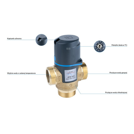 Zawór regulacyjny termostatyczny do wody ciepłej AFRISO ATM 563 mosiądz GZ 1'', DN 20, zakres temp. 35-60'C, Kvs 2.5 m3/h, maksymalna temperatura 90'C, maksymane ciśnienie 10 bar