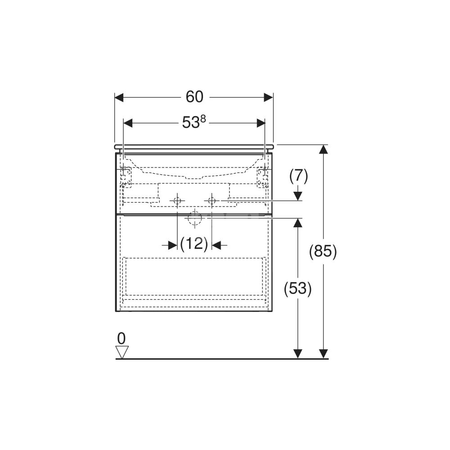 Umywalka GEBERIT iCon prostokątna, biała, 750mm, otwór na baterię na środku, nakładany od góry, bez odpływu przelewowego, półka od ściany