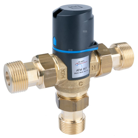 Zawór regulacyjny termostatyczny do wody ciepłej AFRISO ATM 363 ze śrubunkami mosiądz GZ 1'', DN 20, zakres temp. 35-60'C, Kvs 1.6 m3/h, maksymalna temperatura 90'C, maksymane ciśnienie 10 bar