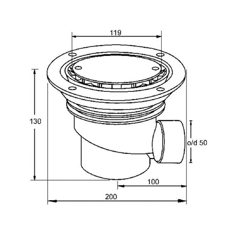 Wpust podłogowy wykonany z ABS z odpływem 50mm, czyszczony od góry z kratką ze stali nierdzewnej120mm