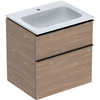 Zestaw umywalki meblowej Geberit iCon slim rim, z szafką pod umywalkę, z dwoma szufladami i zestawem odpływowo-przelewowym do umywalki: B=60cm, Umywalka: biały, Korpus i front: dąb / melaminowa struktura drewna, Uchwyt: lava / malowany proszkowo, matowy
