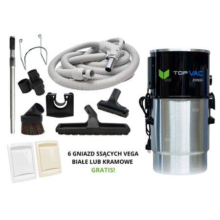 Jednostka centralna TopVac ZONDA z zestawem do sprzątania z wężem PREMIUM z włącznikiem on/off o dł. 9,1 m i gniazdami VEGA do wyboru