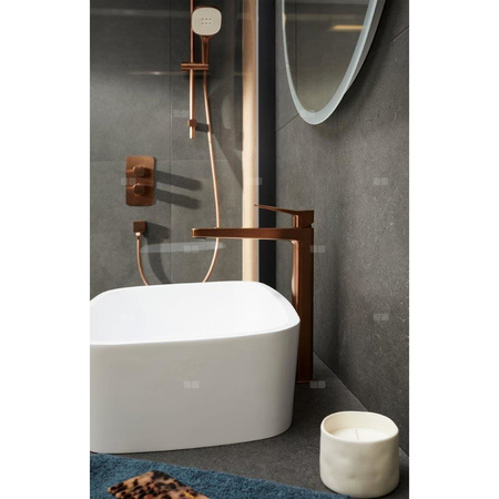 Bateria Malaga, umywalkowa, stojąca ze spustem klik-klak, PVD brushed rose gold