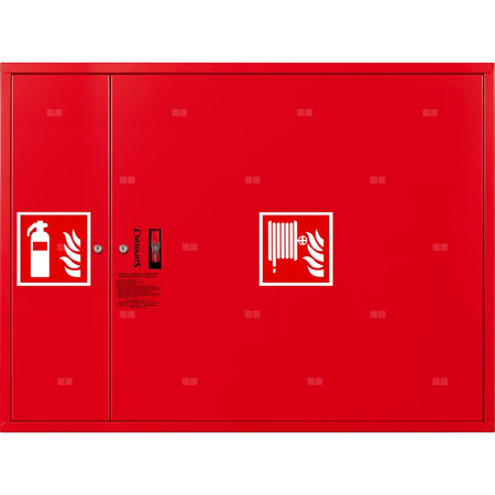 Hydrant DN 33 zawieszany z miejscem na gaśnicę obok zwijadła, wąż 20 m, ocynk fasada, zamek patent, RAL 3000