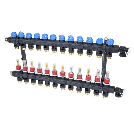 Rozdzielacz do ogrzewania podłogowego AFRISO ProCalida EF1 K 12-obieg. poliamid GZ 1" x Eurocono 3/4" + przepływomierz + zawór napełn/spust