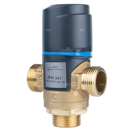 Zawór regulacyjny termostatyczny do wody ciepłej AFRISO ATM 341 mosiądz GZ 3/4'', DN 15, zakres temp. 20-43'C, Kvs 1.6 m3/h, maksymalna temperatura 90'C, maksymane ciśnienie 10 bar