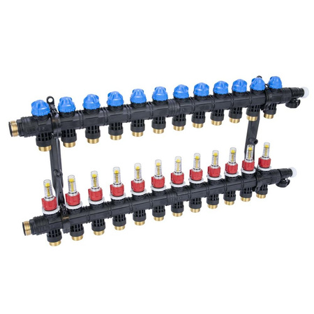 Rozdzielacz do ogrzewania podłogowego AFRISO ProCalida EF1 K 12-obieg. poliamid GZ 1" x Eurocono 3/4" + przepływomierz + zawór napełn/spust