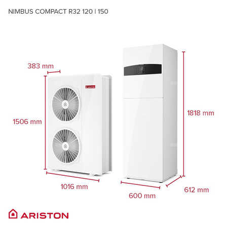 Pakiet - Pompa ciepła powietrze-woda split ARISTON NIMBUS COMPACT 120 S-T NET R32 9.5 kW 400 V + Moduł naścienny SENSYS HD + Zasobnik c.w.u. 180 l (zintegrowany) + Moduł komunikacji internetowej (aplikacja Ariston Net)