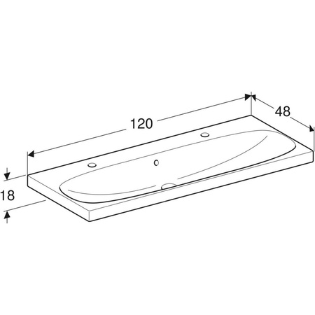 Umywalka GEBERIT Acanto 2-stanowiskowa prostokątna, biała, 1200mm, otwór na baterię z lewej i prawy, z odpływem przelewowym, półka od ściany