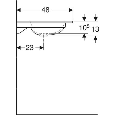 Umywalka GEBERIT iCon prostokątna, biała, 600mm, bez otworu na baterię, nakładany od góry, bez odpływu przelewowego, półka od ściany
