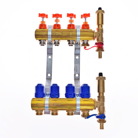 Rozdzielacz do ogrzewania podłogowego QIK Optimo STANDARD III - RMSZT-1-50 4-obieg. mosiądz GW 1'' x GZ 3/4'' + przepływomierz