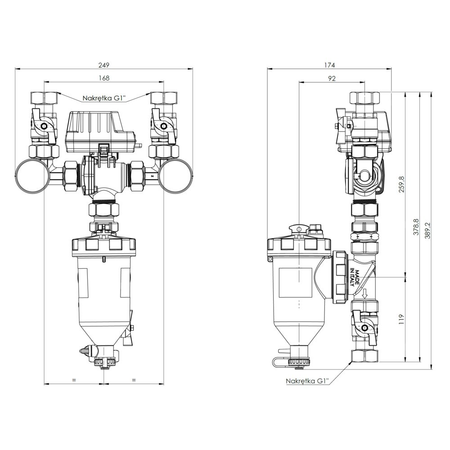 Zespół powrotu do pompy ciepła AMB Lite z zaworem przełączającym USV, separatorem zanieczyszczeń ADS 160, DN20, przyłącza G1"