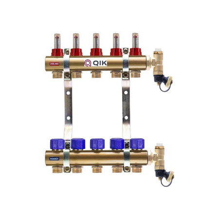 Rozdzielacz do ogrzewania podłogowego QIK BASIC II TN 15-obieg. mosiądz GW 1'' x GZ 3/4'' + przepływomierz