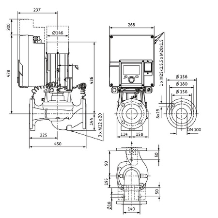 Pompa obiegowa WILO Stratos GIGA 2.0-I 100/1-9/1,5-R1 typu in-line z silnikiem znormalizowanym 50/60 Hz, moc silnika 1.4kW 2.6 A 1800 obr/min, wlot Kołnierz DN 100