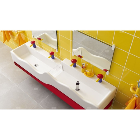 Bateria umywalkowa Geberit Bambini, zasilanie sieciowe, wielokolorowa: Mieszacz=Z mieszaczem, Osłona: czerwona, Korpus: niebieski ultramaryna, Wylot: żółty drogowy
