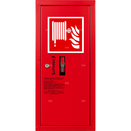 Hydrant DN 52 zawieszany boczny z koszem, wąż 15 m, zamek patent, RAL 3000 lewy