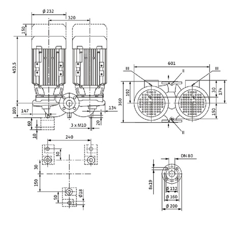 Pompa obiegowa WILO VeroTwin-DPL 80/110-4/2-IE3 typu in-line z silnikiem znormalizowanym 50 Hz, moc silnika 4kW 7.75 A 2900 obr/min, wlot Kołnierz DN 80