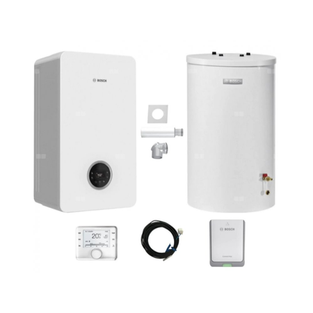 Pakiet - Kocioł gazowy jednofunkcyjny BOSCH TERMOTECHNIKA CONDENS GC2300iW15P kondensacyjny wiszący 16.1 kW+ Zestaw powietrzno-spalinowy2574 (poziomy) + Czujnik c.w.u. + RegulatorCW400 + Moduł sterowaniaK30RF + Zasobnik c.w.uWST120-5O