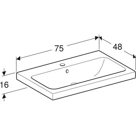 Umywalka GEBERIT iCon Light prostokątna, biała, 750mm, otwór na baterię na środku, stawiana na blat, z odpływem przelewowym, półka od ściany