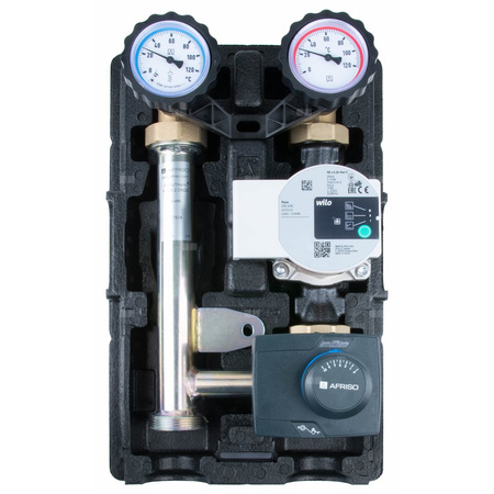 Grupa pompowa AFRISO PrimoTherm K 180-2 DN 25 WP 3-WM-SM GZ x GW 1 1/2'' x 1'', z zaworem mieszającym, z izolacją, z pompą obiegową Wilo Para SC 25/6, z siłownikiem arm 343 proclick