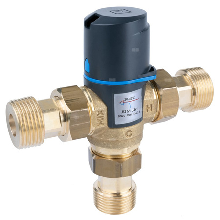 Zawór regulacyjny termostatyczny do wody ciepłej AFRISO ATM 561 ze śrubunkami mosiądz GZ 1'', DN 20, zakres temp. 20-43'C, Kvs 2.5 m3/h, maksymalna temperatura 90'C, maksymane ciśnienie 10 bar