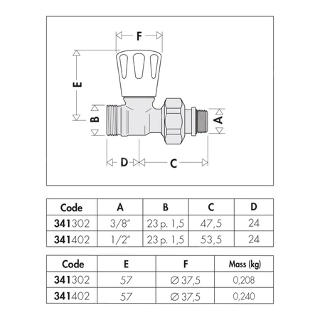 Grzejnikowy ręczny zawór prosty do rur miedzianych oraz rur z tworzyw sztucznych 3/8" 23 p.1,5