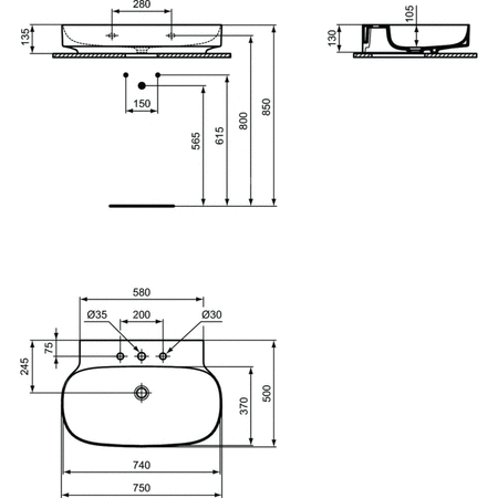 LINDA-X Umywalka 75cm 3OT B/P GLOSS WHI