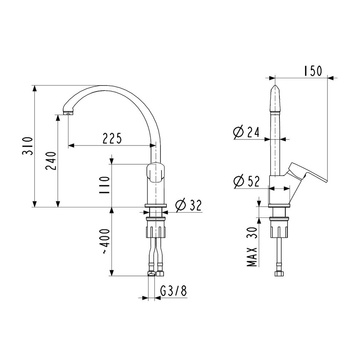 Bateria zlewozmywakowa stojąca KFA Armatura MOHIT, obrot. wylewka, uchwyt boczny - skośny, kolor chrom, mosiądz