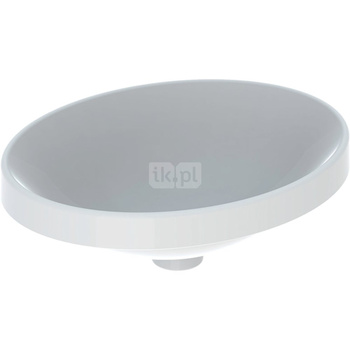 Umywalka GEBERIT Variform eliptyczna, biała, 500mm, bez otworu na baterię, wpuszczana w blat, bez odpływu przelewowego, bez półki